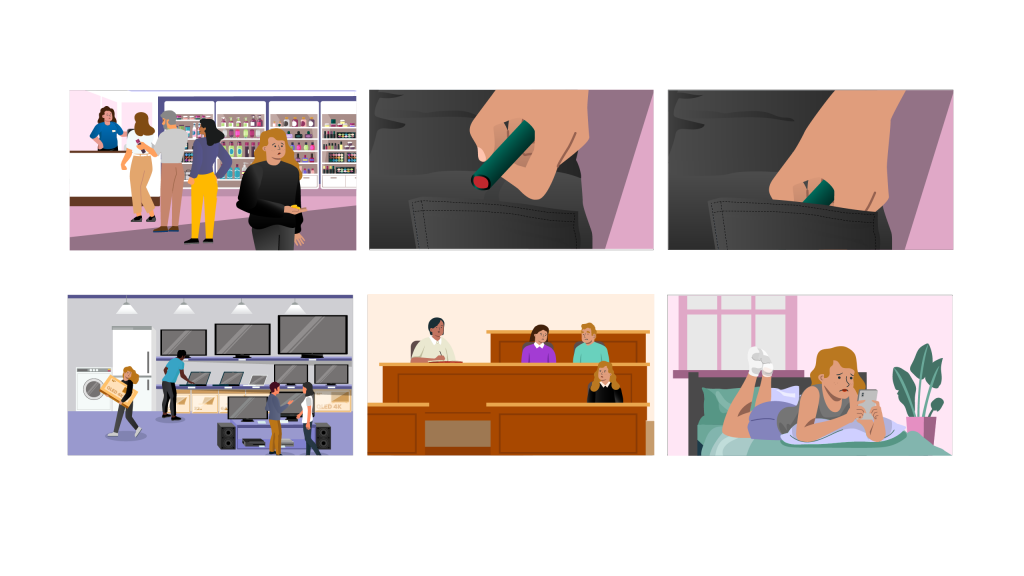 Stills from Young people animation for SPACE. Shows a girl shoplifting and putting make up in her pocket. Shoplifting a tv, a court room and the young girl looking sad on her phone in her bedroom.