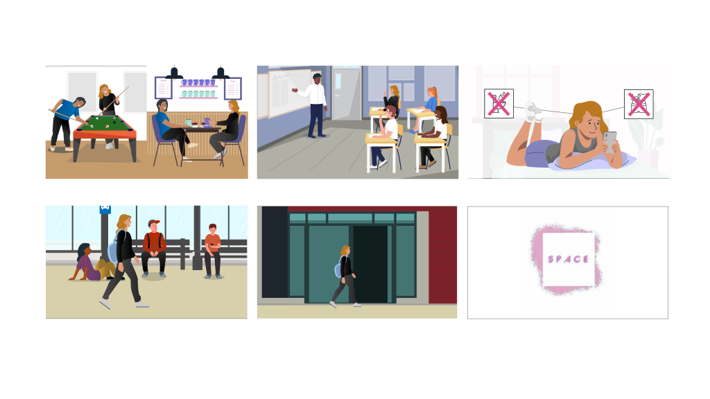 Stills from an animation for Recovery Steps. A Girl is socialising, then in a classroom, the girl is walking through a bus station and then into a college.